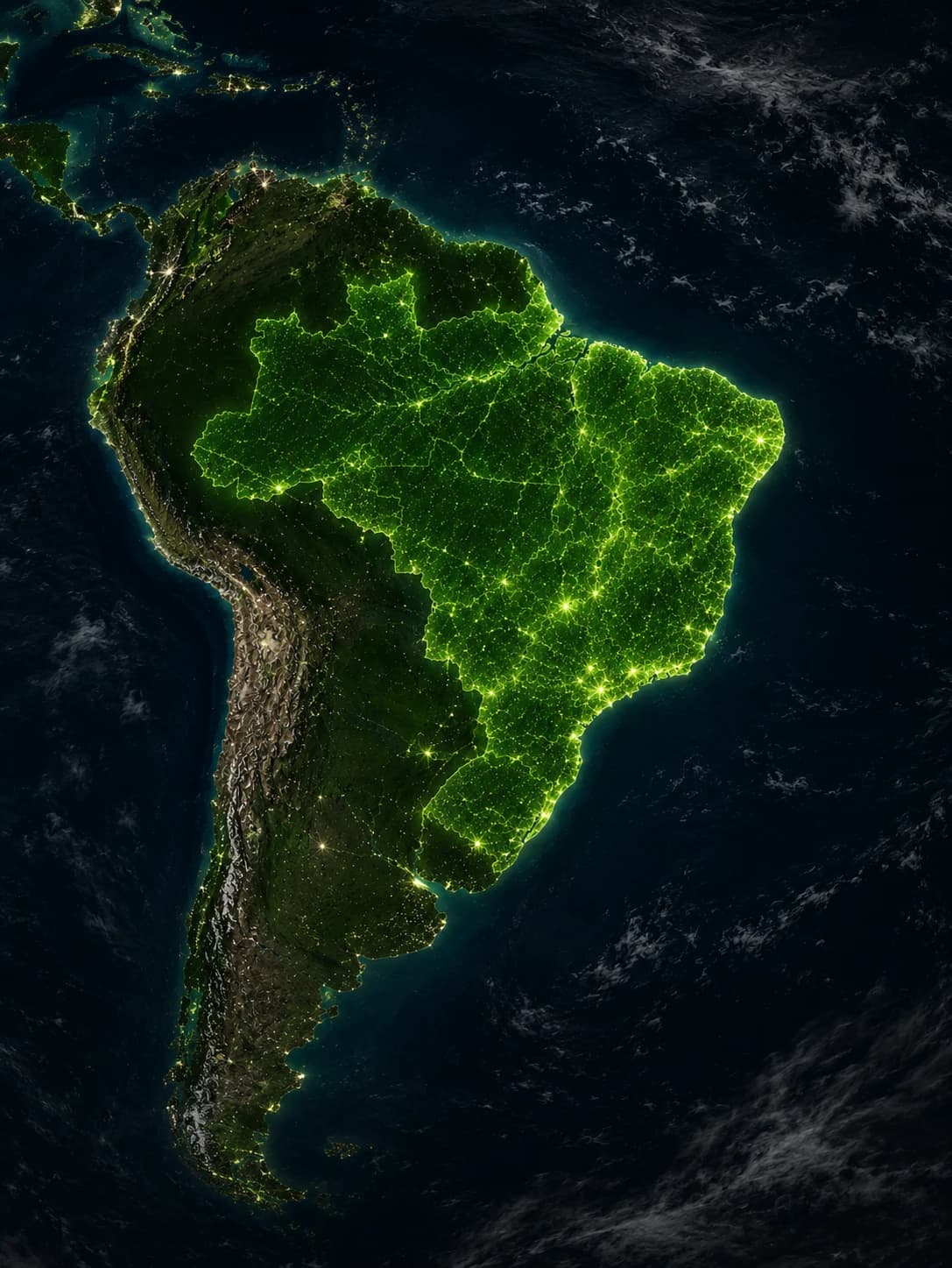Mapa do Brasil iluminado em verde — cobertura nacional do Fisgou Pegou
