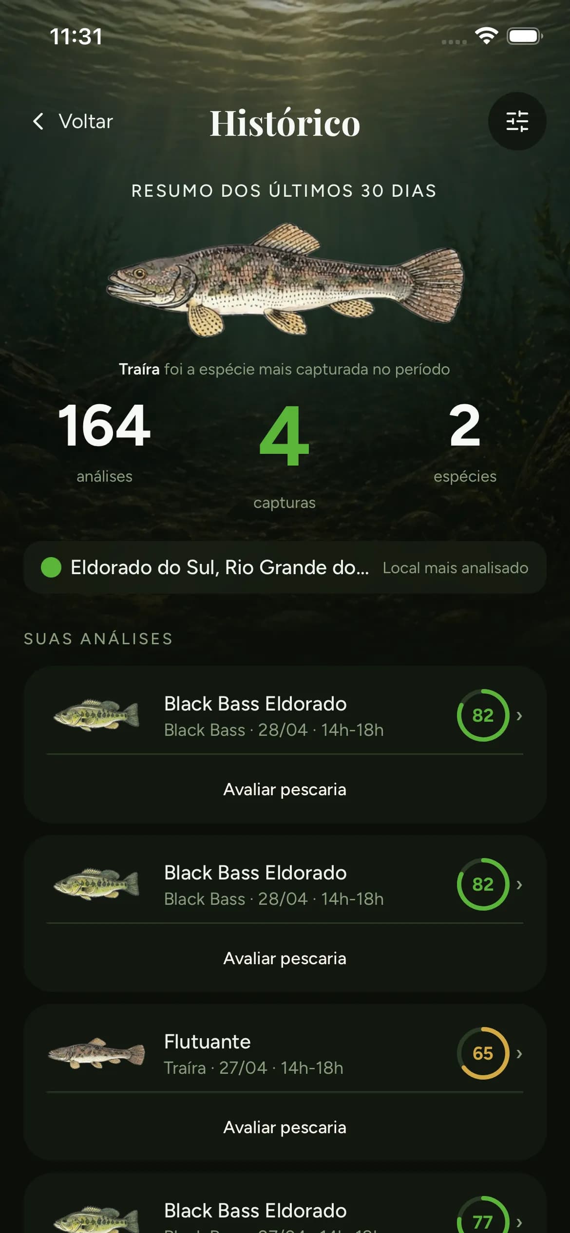 Tela do app com o histórico de análises por espécie