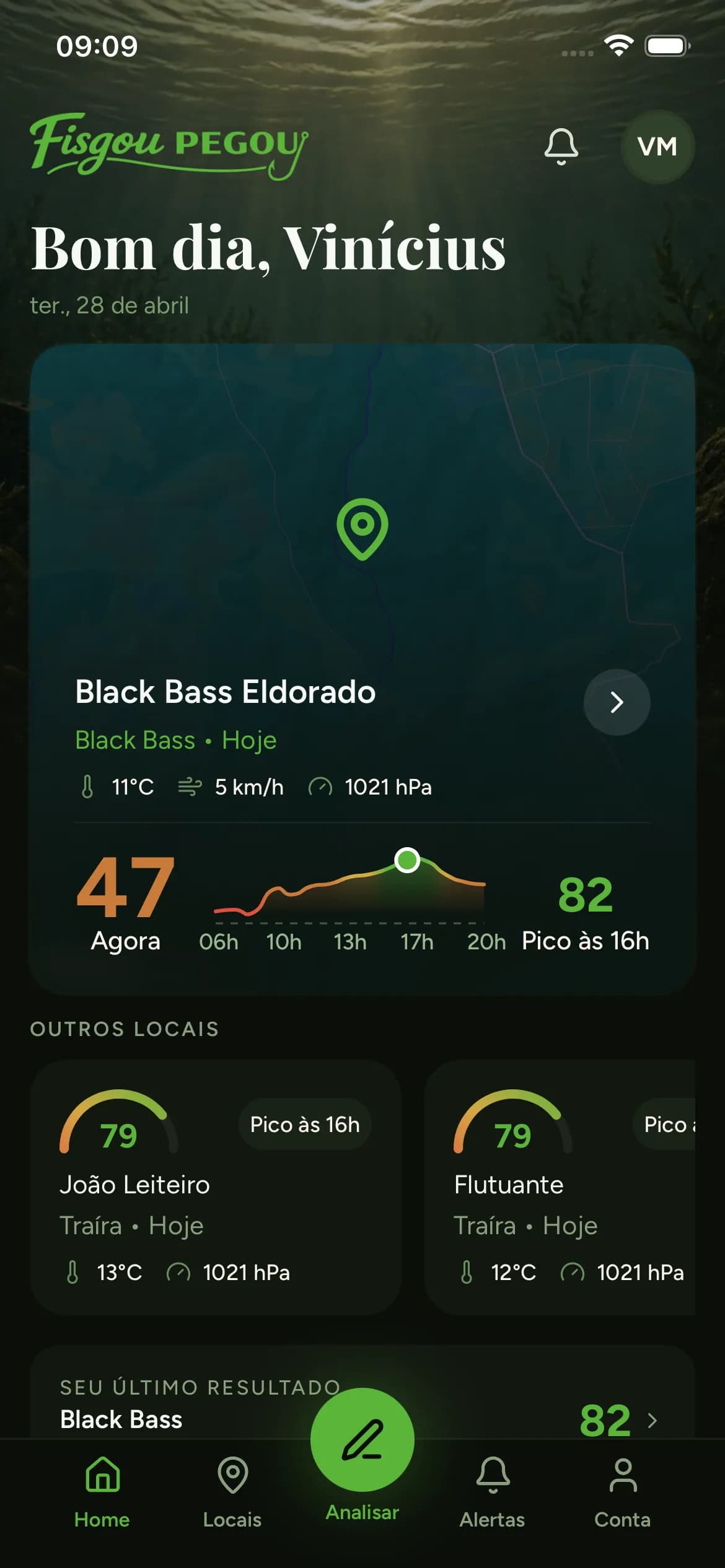 Tela do app com a curva do score hora a hora